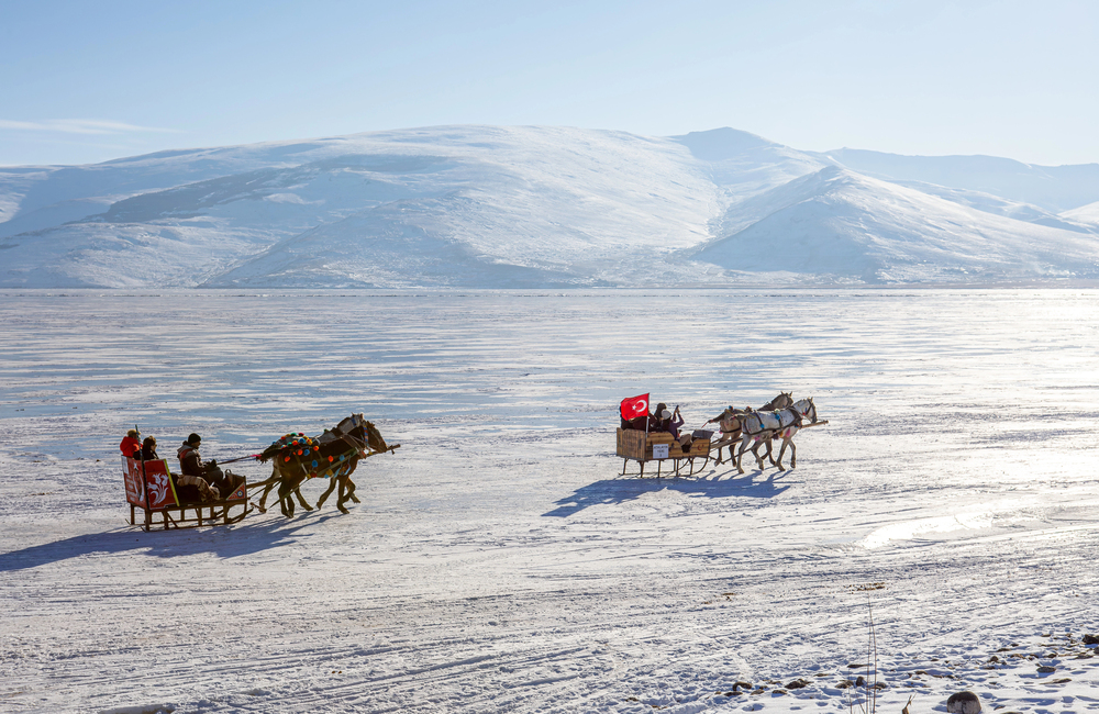 Frozen Cildir Lake in Kars with Horse Sleighs