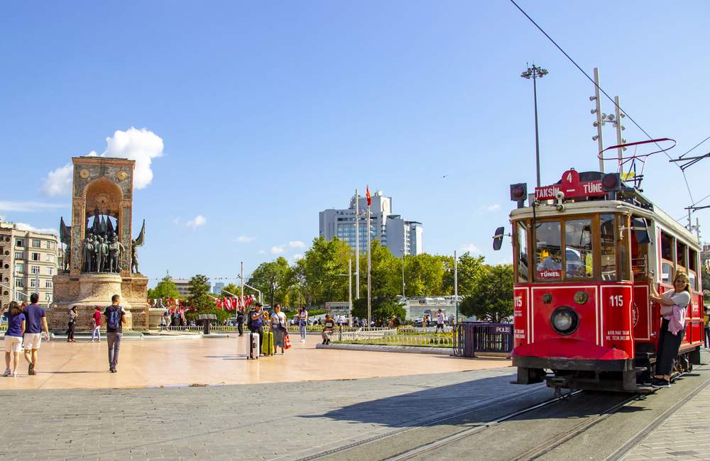 Taksim Istiklal Street with Red Tram in Istanbul