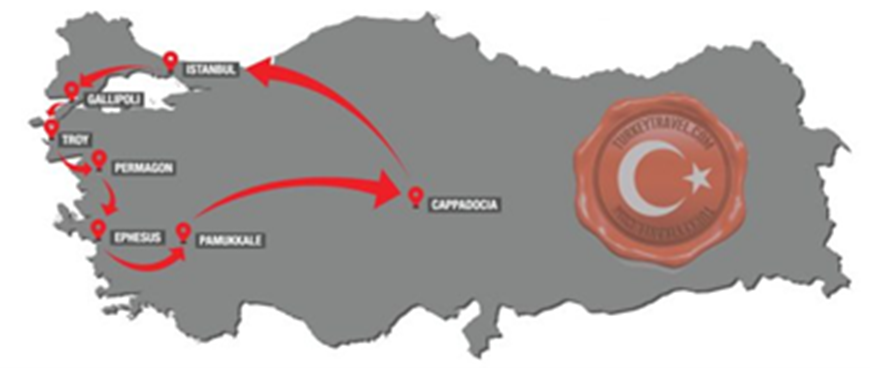 Turkey Travel provides 8 - 11 days package tours of Turkey from Istanbul by flight. Visiting Istanbul, Gallipoli, Cappadocia, Ephesus, Pamukkale, Antalya.